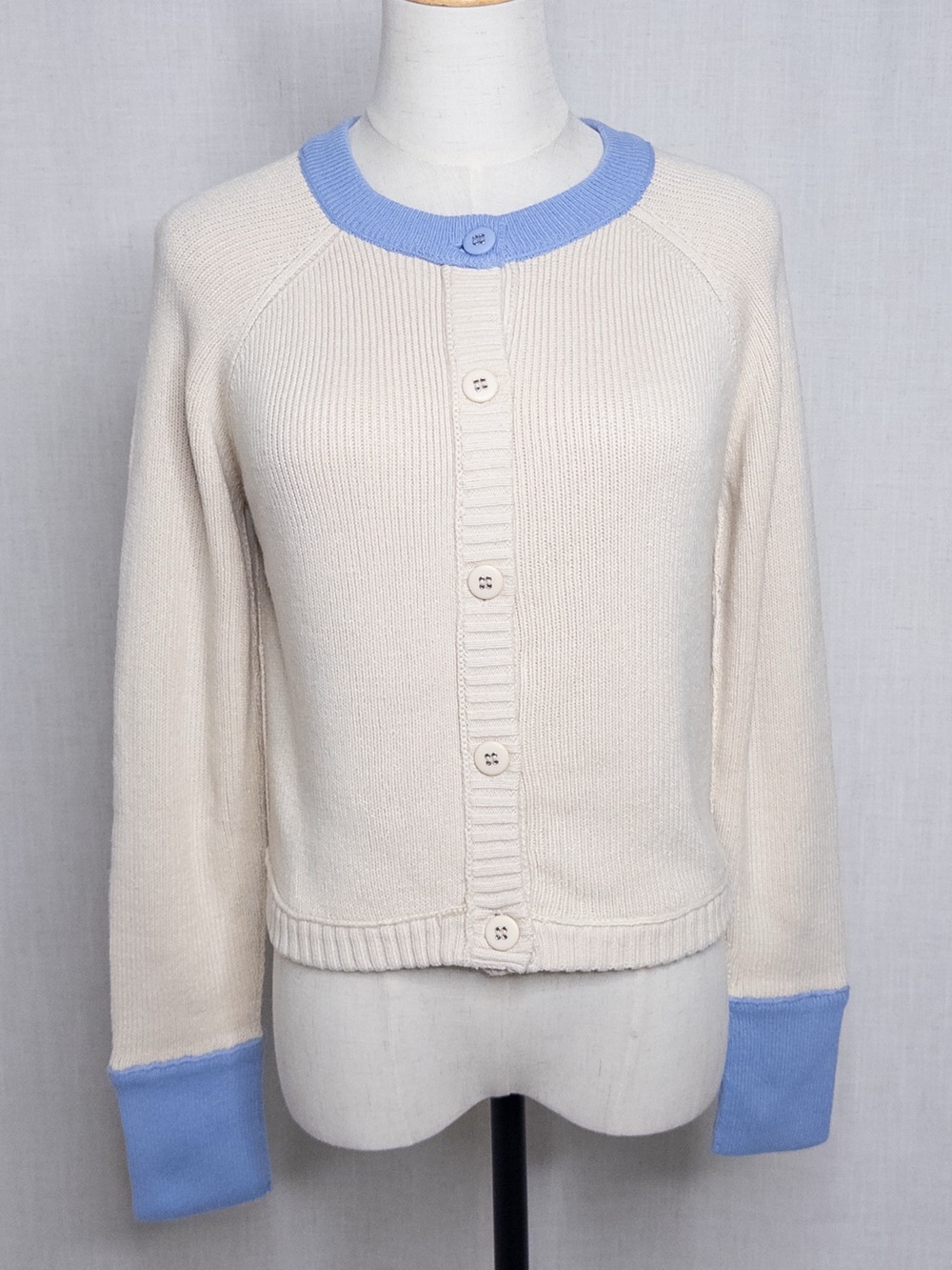 RD Style Anthropologie Contrast Collar Cardigan Sweater Cream Blue Size Small